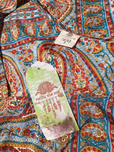 NWT Silk Dress Caftan Resort Cover Up Maxi Blue-Red-Yellow Boho Paisley L-XL - Picture 9 of 13