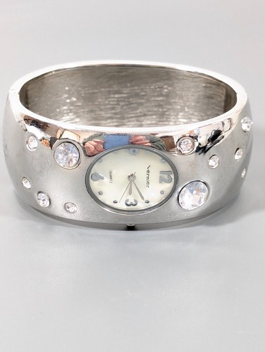 Vernier Womens Rhinestone Stud Silver Tone Wide Hinge Cuff Bracelet Watch 6 in - Picture 2 of 9