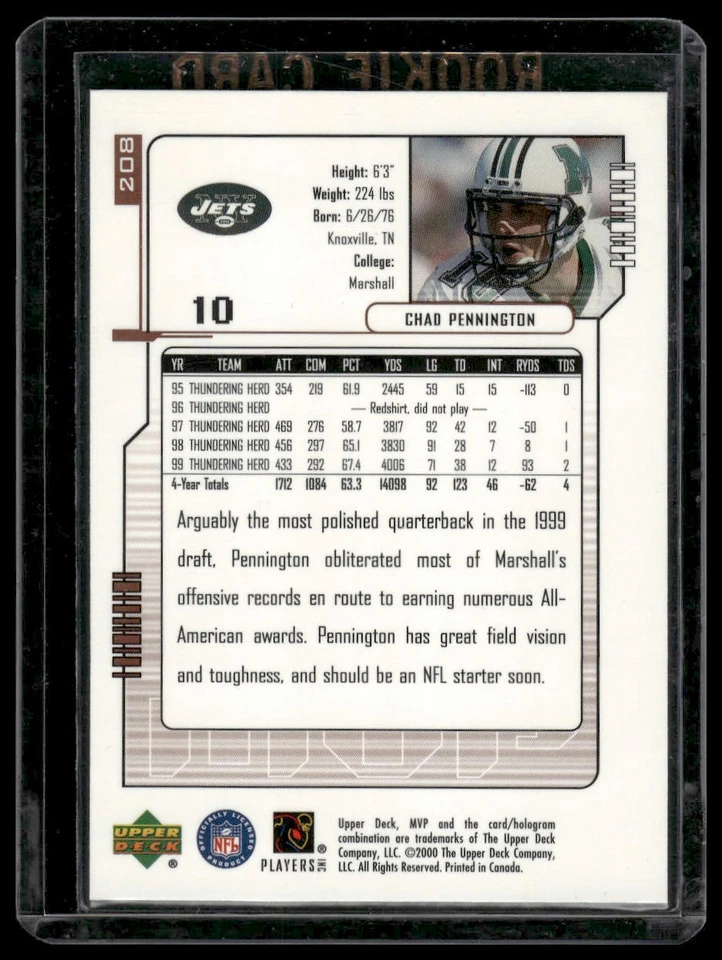 2000 Upper Deck MVP Chad Pennington #208 New York Jets - Image 2 of 2