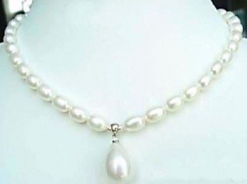 7-9mm White Freshwater Cultured Pearl Shell Drop Pendant Necklace 20" - Picture 5 of 12