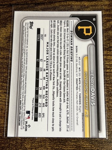 HENRY DAVIS 2024 Bowman Purple Parallel /250 #61 Pirates RC Rookie - Picture 2 of 2