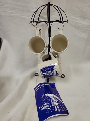 MCM Vintage MORTON SALT Co. UMBRELLA GIRL Lot - 4 Coffee Mugs & Metal Cup Holder