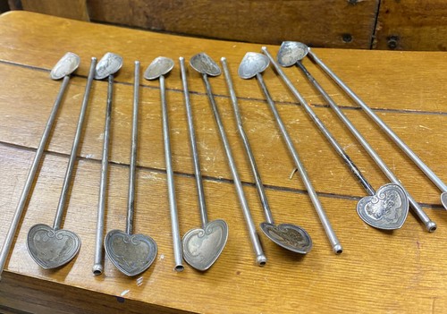 Antique Set of 11 Sterling Silver 7.75" Ice Tea Stirrer Spoons Heart & Scrolls - Picture 2 of 18