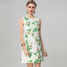 Summer Women's Nail Bead Green Leaf Jacquard Printed Slimming Midi Party Dress