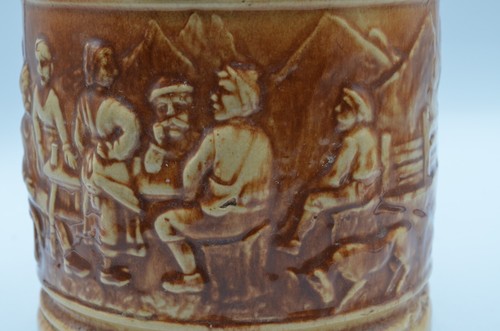 1920 Hull Alpine Pretzel Jar Yellow Ware High Relief Scene Pottery w/Lid H 492 - Picture 4 of 24