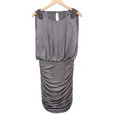 XSCAPE Blouson Sheath Dress Silver Metallic Ruched Sleeveless Cocktail Gown Sz 8