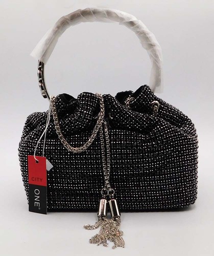 Women Evening Clutch Bag Rhinestone Crystal Bucket Party Purse Tassel/ BLK 32025 - Picture 9 of 15