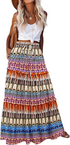 Bohemian Long Maxi Skirt, High Waist Elastic, Flowy Hem, Ankle Length, Printed - Picture 144 of 153