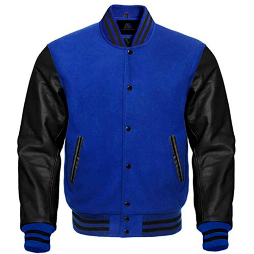 Varsity Jackets Bomber Letterman Royal Wool & Black Leather Sleeves Jackets - Picture 1 of 2