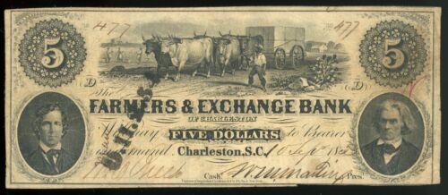Veraltete Währung Charleston, SC Farmers & Exchange Bank of Charleston 5 $ 1850er