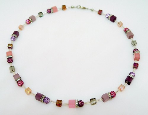 Halskette Collier Würfel Kristallglas Shamballa Strass Lila Violett Rosa 546e - Bild 3 von 21