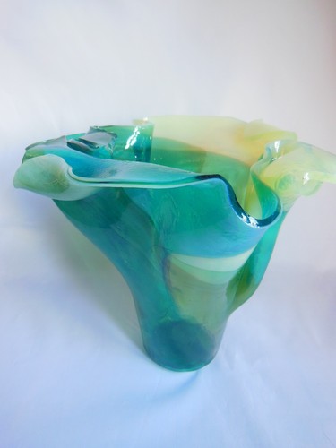 vase, unique handmade in fused glass,'Landscape reactive' blue & Cream, gift - Picture 8 of 9