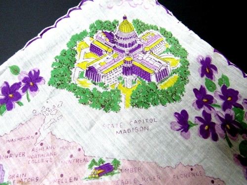 Vtg Wisconsin State Souvenir Handkerchief Purple Pink Scalloped Edge Landmarks - Picture 8 of 8