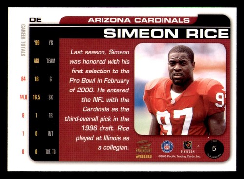 2000 Pacific Paramount Platinum Blue #5 Simeon Rice #45/75 - Picture 2 of 2