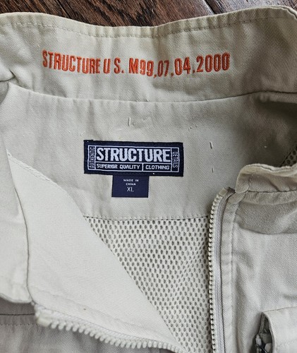 Vintage Structure Y2k Mens Vest Jacket XL Khaki Cargo Utility Vest 90's - Picture 5 of 12