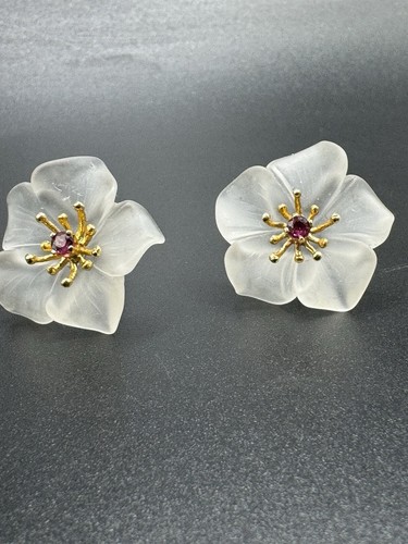 WOW WOW WOW! ANTIQUED 14k GOLD NATURAL RUBY FROSTED GLASS FLOWERS EARRINGS FANTA - Picture 6 of 18