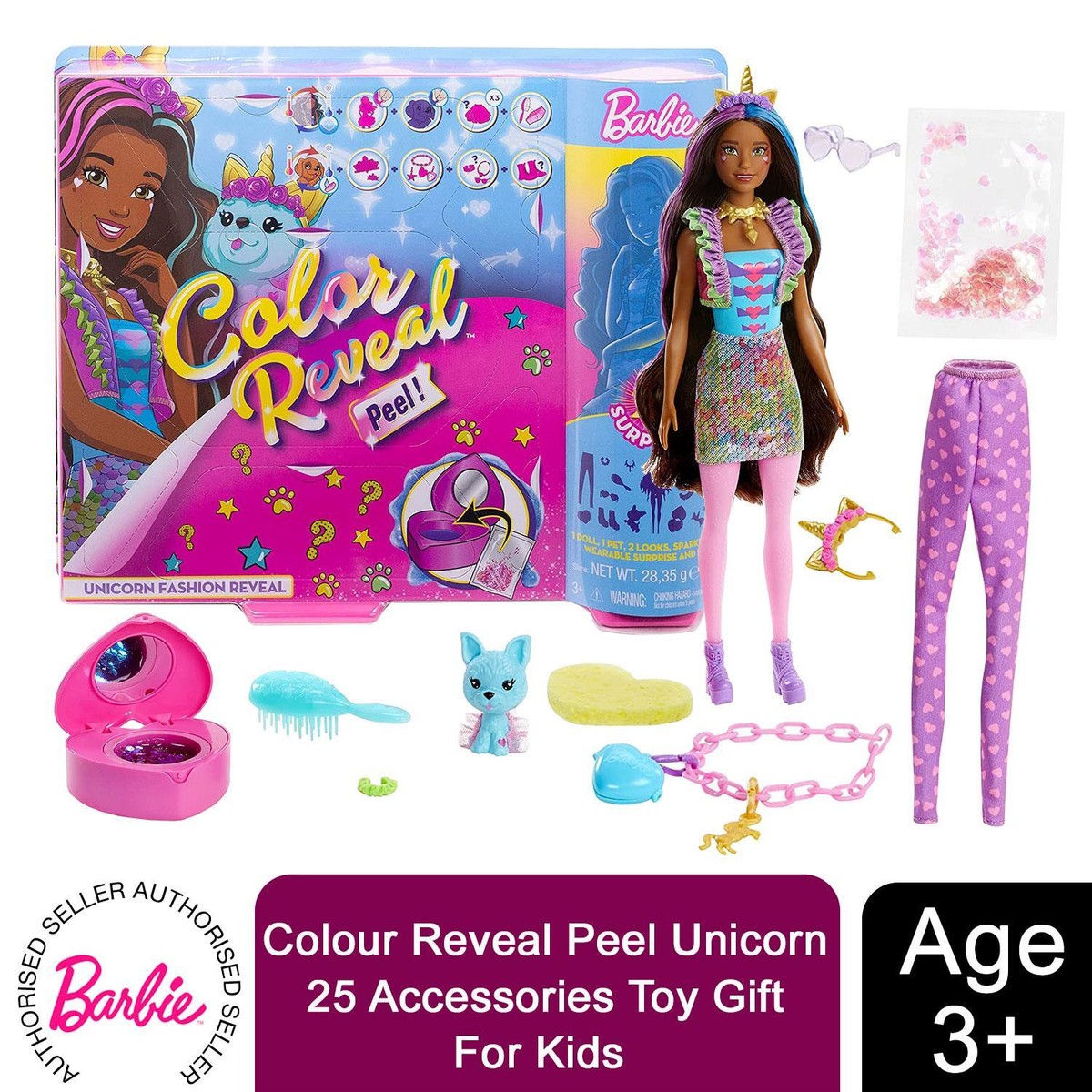 Barbie Doll Colour Reveal Peel Unicorn with 25 Accessories, X-mas