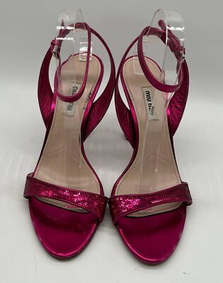 Miu Miu ピンク 花装飾 ハイヒール Miu Miu Pink Leather Metallic-Heel Sequin Open-Toe Sandal sz