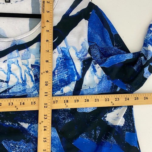Damee Tunic Top Size 3X 3/4 Sleeves Blue Abstract Artsy Print Stretch Mesh - Picture 9 of 10
