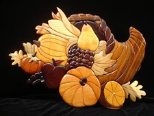 Hand crafted 3D Intarsia Wood Art FALL HARVEST CORNUCOPIA Sign Wall Plaque