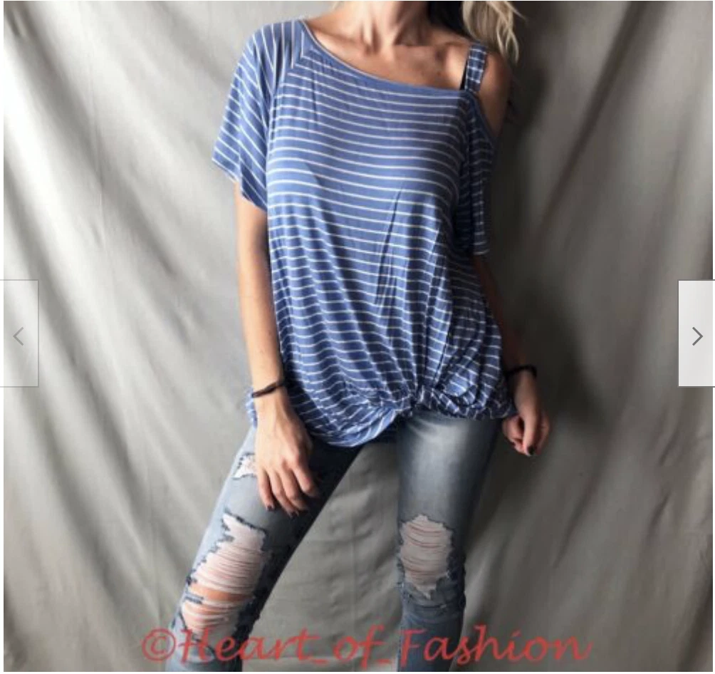 Striped One Cold Shoulder Relaxed Side Knob Detail Casual Knit Top