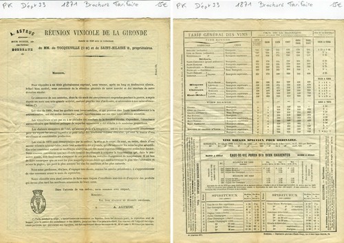 Dépt 33 - Bordeaux 29 Rue Borie - Brochure Tarifaire Secteur du Vin de 1871