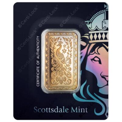 1 oz .9999 Gold Bar Scottsdale Marquee Peacock Gold Bar in Certi