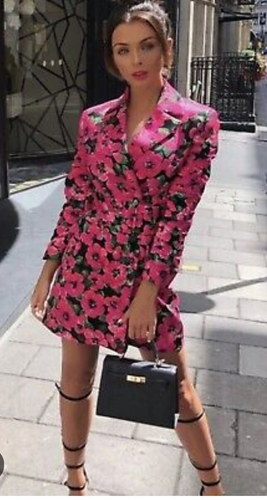 ZARA Pink Floral Belted Double Breasted Blazer Jacket Dress Size Medium