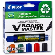 Pilot 43921 V Board Master Refillable Whiteboard Markers 5 Color Set, Bullet Tip