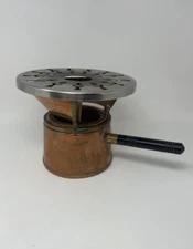 Copper & Brass Sterno Fondue Heater Warmer Chafing Stand w/Wooden Handle Vintage