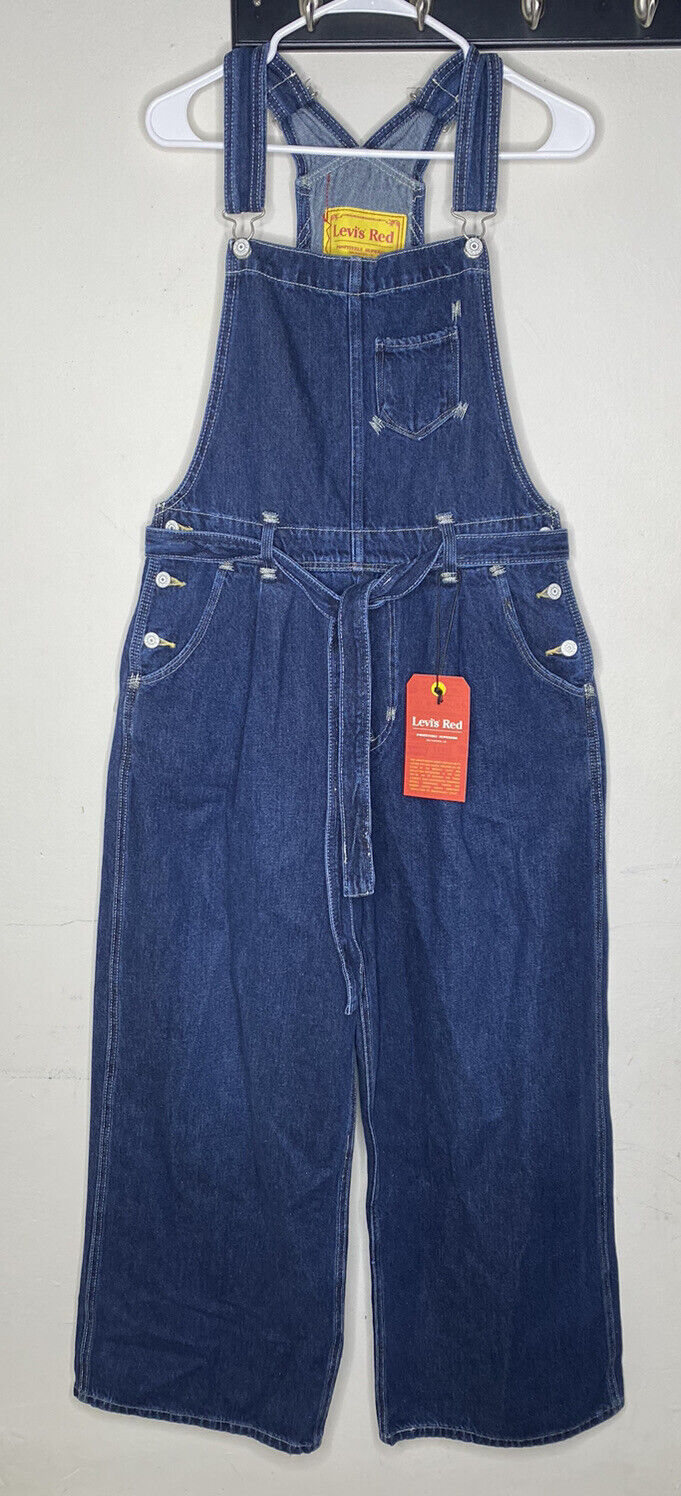 Levi’s Red Women’s Denim Overalls Size Large Cotton Hemp Wide Leg Waist Tie NWT