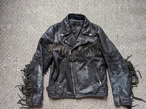 vintage HARLEY DAVIDSON motorcycle jacket 42 black leather M western FRINGE mc - Picture 1 of 15