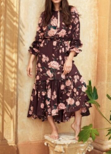 JOHANNA ORTIZ H&M COLLABORATION BROWN FLORAL FLOUNCED RUFFLE MIDI DRESS SZ XL - Picture 7 of 8