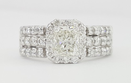 Rectangular Radiant Cut Diamond Halo Engagement Ring Set 1.8 ct 18k & 14k $10k - Picture 1 of 9