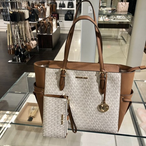 MICHAEL KORS DAMEN LADY LARGE PVC TOTE BAG SCHULTER HANDTASCHE GELDBEUTEL VANILLE MK Set