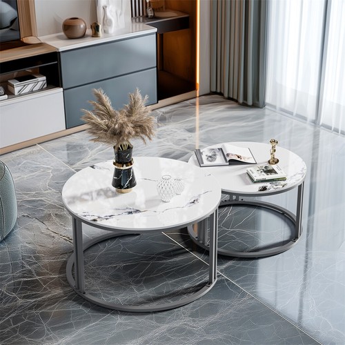 rund Couchtisch Marmor 2er Set Wohnzimmertisch weiß grau Stein Satztische Glanz - Bild 11 von 15