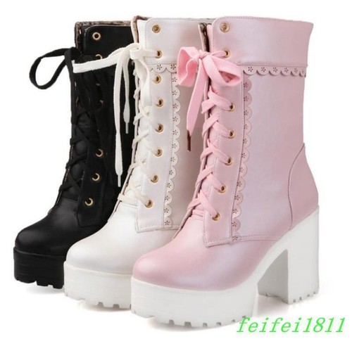 Chic Womens Lace Up High Platform Chunky Heels Mid Calf Boots Sweet Casual Shoes