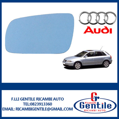 AUDI A3 1996-2000 PIASTRA SPECCHIO RETROVISORE SX TERMICA BLU LUNGO ASFERICO