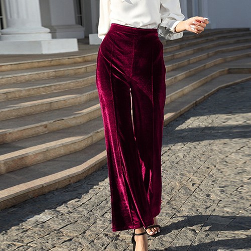 Damenhose goldfarbener Samt hochtailliert Damen einfarbig lässig schmale Passform ausgestellte Hose - Bild 1 von 10
