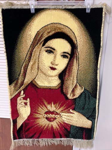 Virgen Madre María Sagrado Corazón tapiz flecos colgador de pared/alfombra 37”x24,5” - Imagen 3 de 10