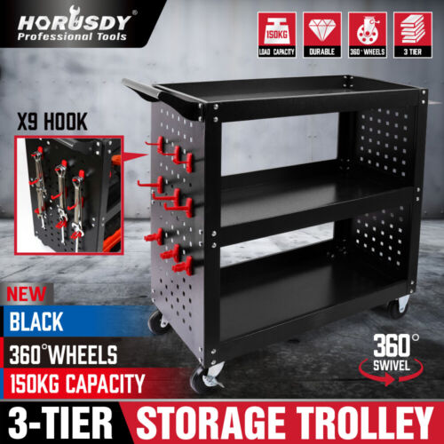 Black Tool Storage Trolley 3-Tier Workshop Cart Steel Mechanic Pegboard Hooks - Picture 1 of 12