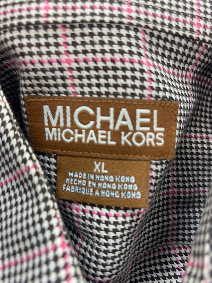 Camisa Michael Kors Para Hombre XL Gris Rosa Pata de Gallo Cuadros Abotonada Oxford De Colección Foto 3 de 4