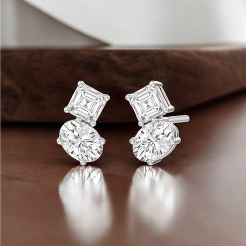 Pendiente TOI ET MOI oro blanco de 18 quilates 1,70 quilates creado en laboratorio diamante ovalado Asscher - Imagen 2 de 7