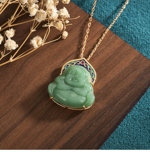 Jade Pendant Necklace Buddha Charm W/ 18K Gold Plated Chain Ethnic ...