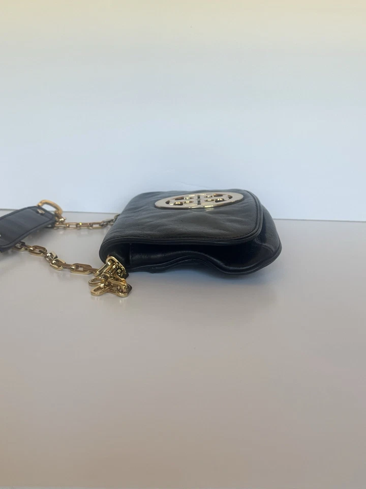Tory Burch Reva Black Leather Gold Accent Chain Strap Crossbody Clutch Bag - Image 2 of 4