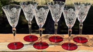 1930s Set of 6 Elegant Hand Blown Ruby Red Footed 3oz Cut Crystal Wine Stems