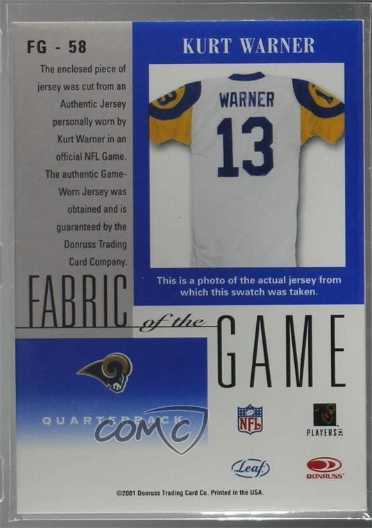 2001 Leaf Certified Materials Fabric of the Game Kurt Warner #FG-58 HOF - Image 2 of 2
