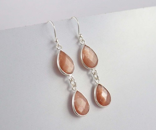 Natural Peach Moonstone Double Drop Earrings 925 Sterling Silver Handmade - Picture 11 of 12