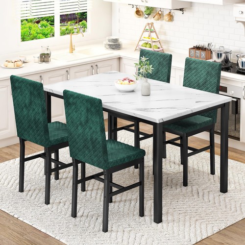 Dining Table Set 4 Kitchen Table Chairs Set 4 Faux Marble Dinner Table Set 4 Uph - Picture 2 of 8