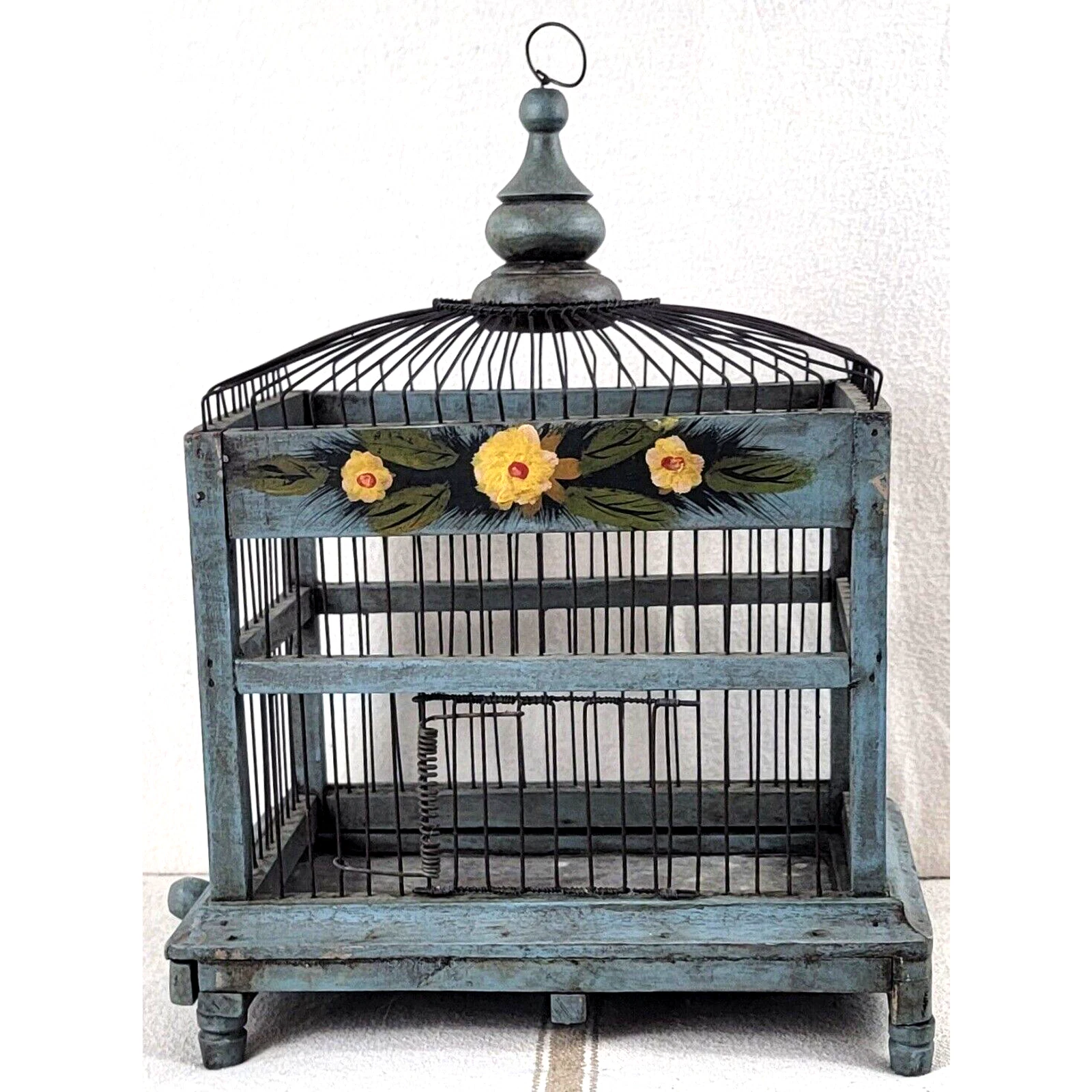 Vintage Hand Painted Wood Wire Birdcage Floral Cottage Farmhouse Decor 70s